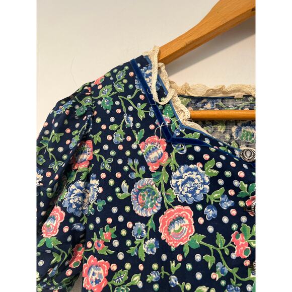 1980s Vintage Midi Dress Peplum Hem Black Polka Dot Floral Size Small JL - Picture 7 of 12